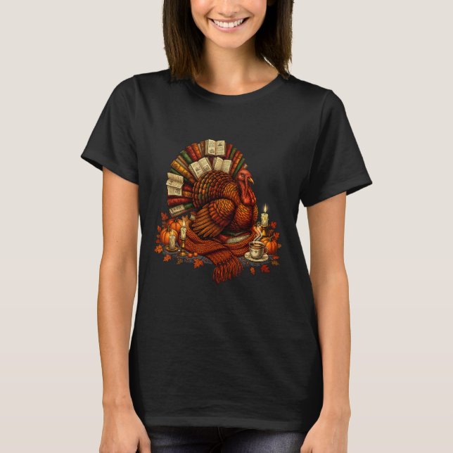 Camiseta Turkey Reading Books Fall Season Thanksgiving Teac (Frente)