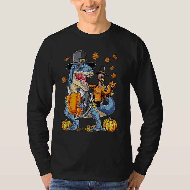 Camiseta Turkey Riding Dinosaur rex Thanksgiving  Pilgrim B (Frente)
