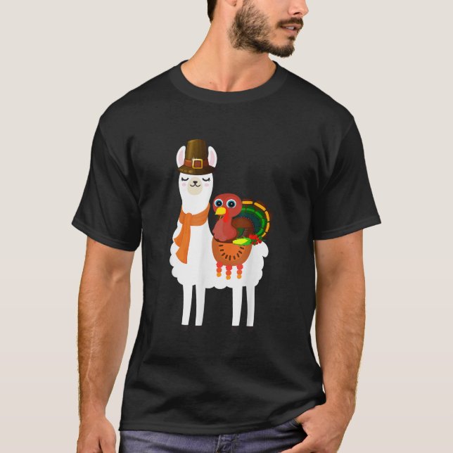 Camiseta Turkey Riding llama Alpaca Pilgrim Ação de Graças  (Frente)