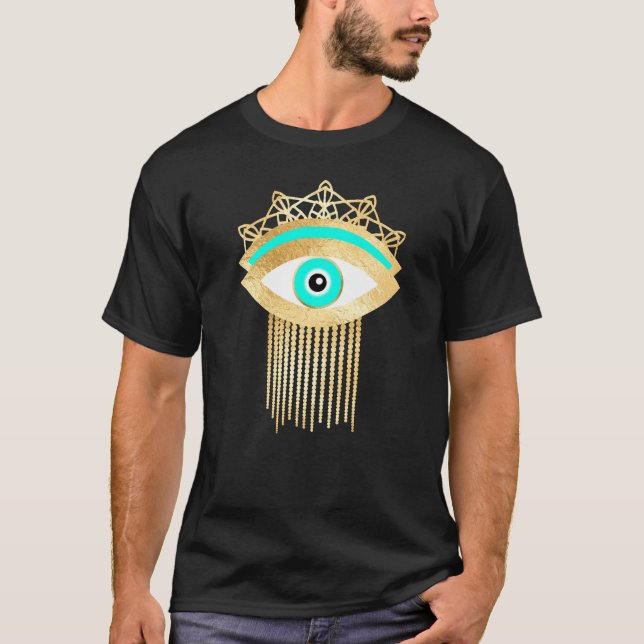 Camiseta Turquesa de Terceiro Olho e Dourada Olheira (Frente)