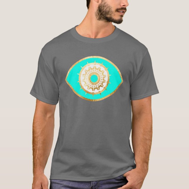 Camiseta Turquesa de Terceiro Olho e Dourada Olheira (Frente)