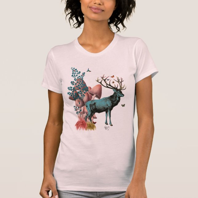 Camiseta Turquesa Deer na Floresta Mushroom (Frente)