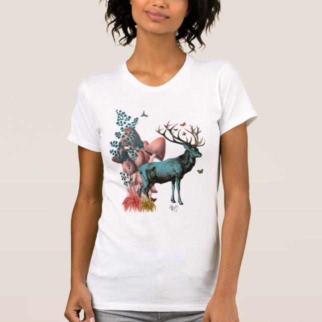 Camiseta Turquesa Deer na Floresta Mushroom (Frente)