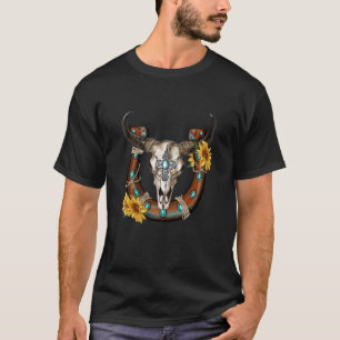 Camiseta Turquesa Ferradura-Vaca Touro-Vaca Cowboy Ocidenta
