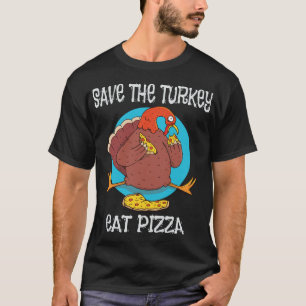 Camiseta Turquia comendo pizza sobre um fundo circular azul