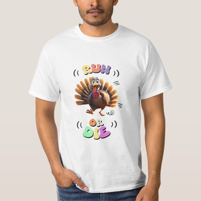 Camiseta Turquia Trot Engraçado Corra Feliz Ação de Graças (Frente)