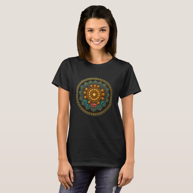 Camiseta Turquoise Gold Lotus Mandala -Boho Fantasy Graphic (Frente Completa)