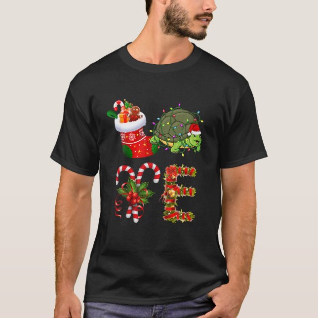 Camiseta Turtle Christmas Lights Led Led Engraçado Noel Hat (Frente)