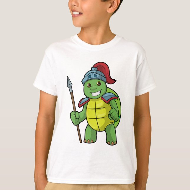 Camiseta Turtle como guerreiro com Spear e Helmet (Frente)