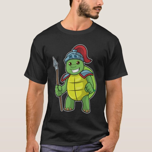 Camiseta Turtle como guerreiro com Spear e Helmet (Frente)