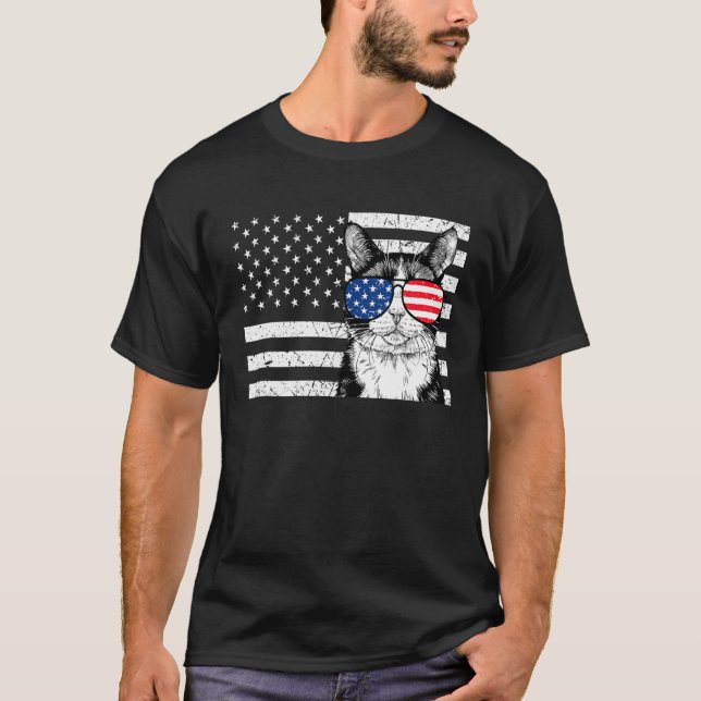 Camiseta Tuxedo Cat 4th of July US American Flag Patriotic (Frente)