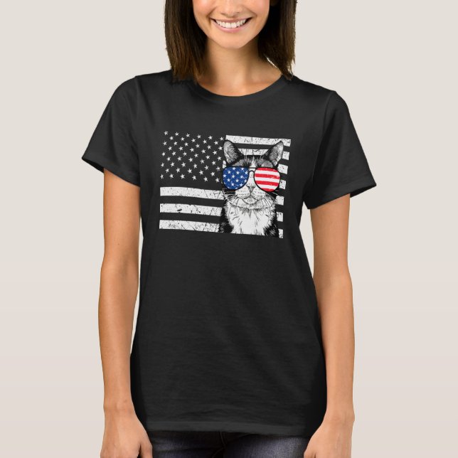 Camiseta Tuxedo Cat 4th of July US American Flag Patriotic (Frente)