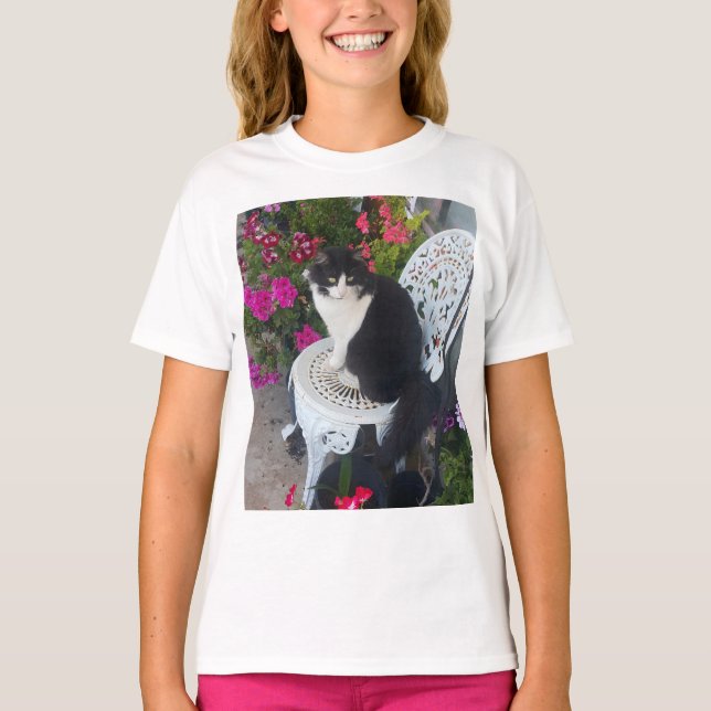 Camiseta Tuxedo Cat Cute Pretty Flowers Black Cats Girls (Frente)