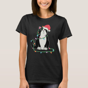 Camiseta Tuxedo Cat luzes natalinas chapéu de gato