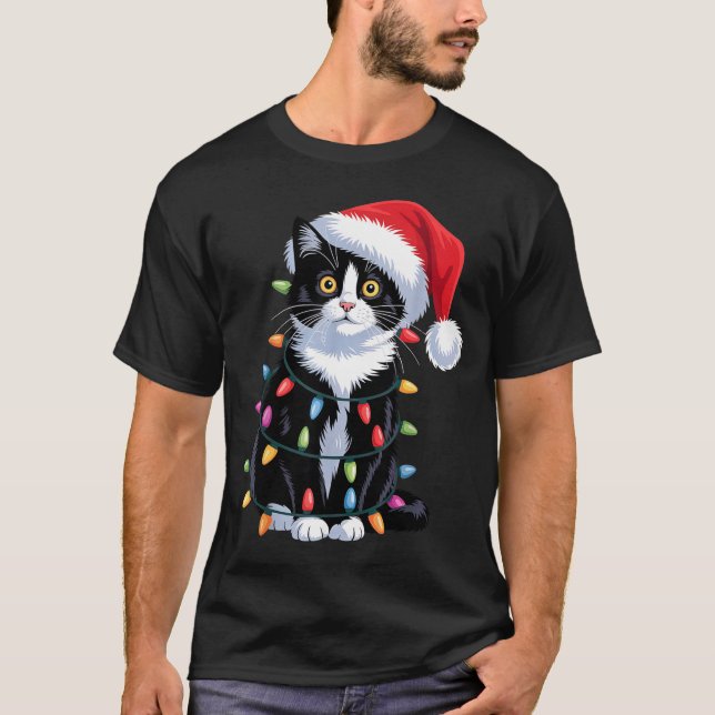 Camiseta Tuxedo Cat Meow Santa Tuxie Christmas Tree  (Frente)