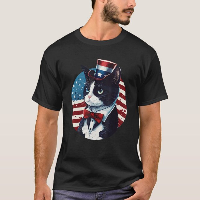 Camiseta Tuxedo Cat Patriot USA 4th of July Men Women (Frente)