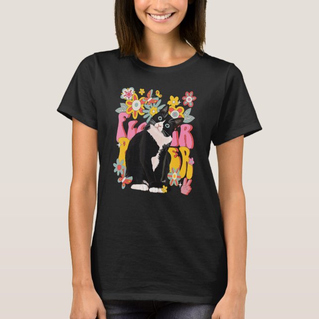 Camiseta Tuxedo Cat Retro 60s 70s Vibe Flowers Sinal de Paz (Frente)
