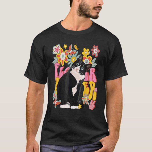 Camiseta Tuxedo Cat Retro 60s 70s Vibe Flowers Sinal de Paz (Frente)