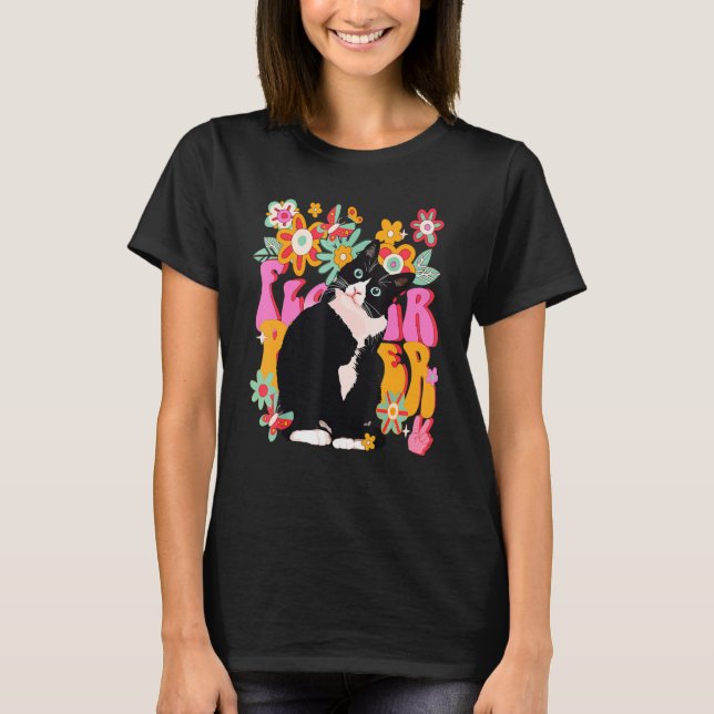 Camiseta Tuxedo Cat Retro 60s 70s Vibe Flowers Sinal de Paz (Frente)