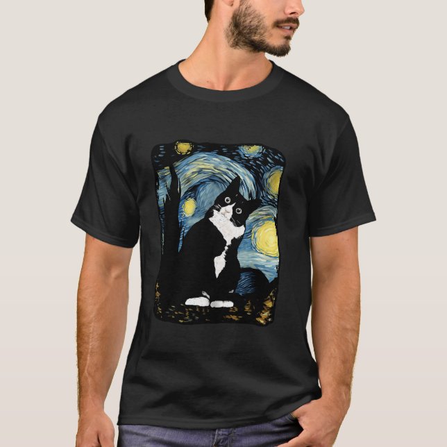 Camiseta Tuxedo Cat Starry Night Van Gogh Cat Art Cat (Frente)