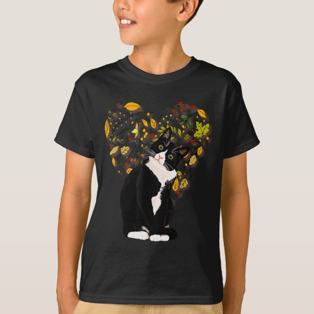 Camiseta Tuxedo Cat T Shirt Gift Autumn Fall Leaves Black A (Frente)