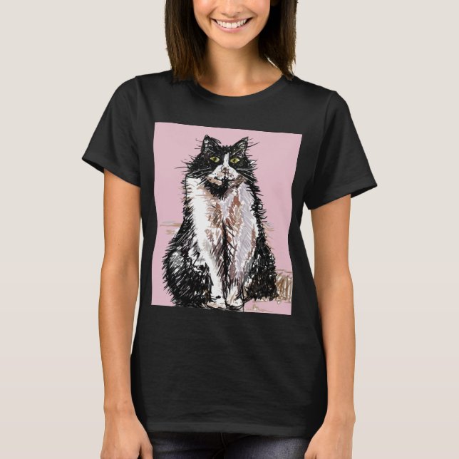 Camiseta Tuxedo Gatos de gata-de-giz, preto e branco (Frente)