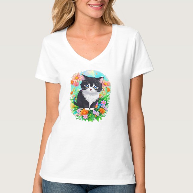 Camiseta Tuxedo Kitten Floral Garden Watercolor T-Shirt (Frente)