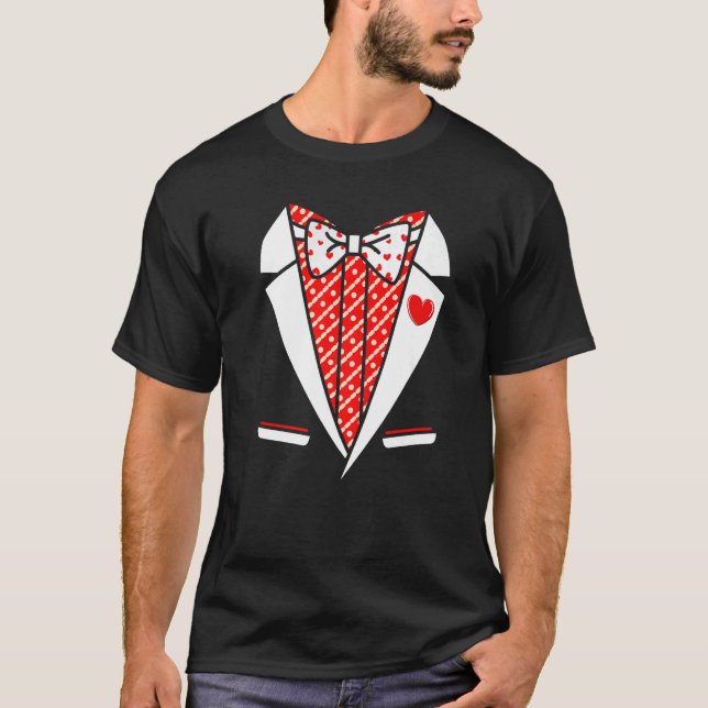 Camiseta Tuxedo Red Heart Valentines Day Funny Costume Men  (Frente)