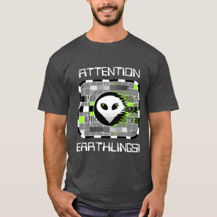Camiseta TV alienígena 'ATENTION EARTHLINGS!' cinza básica