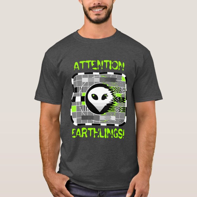 Camiseta TV alienígena 'ATENTION EARTHLINGS!' cinza básica  (Frente)