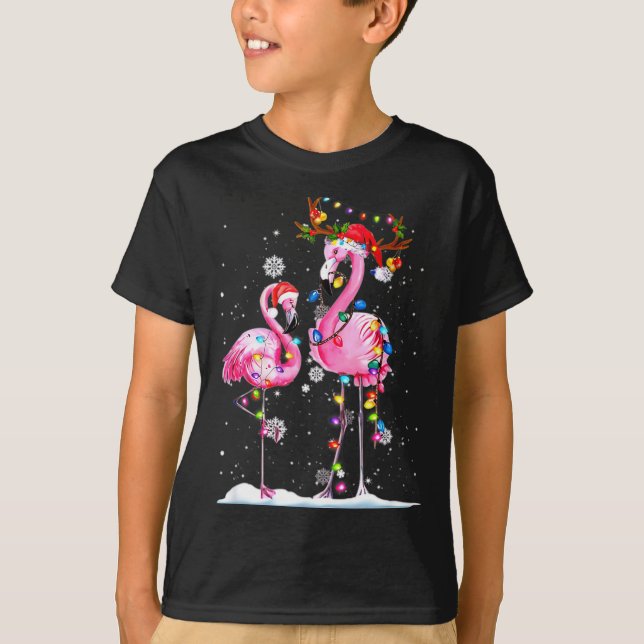 Camiseta Two Flamingo With Santa Hat And Lights Merry Chris (Frente)
