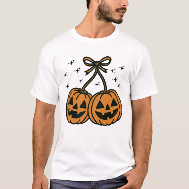 Camiseta Two Kawaii Jack-O'-Lantern Pumpkins with Bow (Frente)