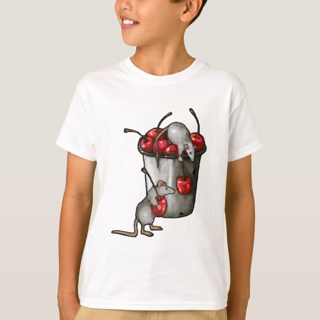 Camiseta Two MICE Stealing Cherries, Bucket of Cherries Art (Frente)