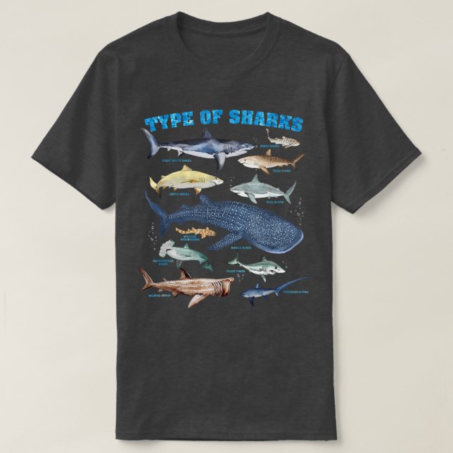 Camiseta Types Of Sharks Marine Biology  (Frente do Design)