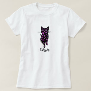 Camiseta Typografia de Gato com Estrelas Rosa e Gato Negro
