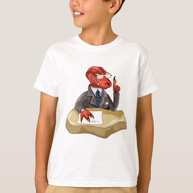 Camiseta Tyrannosaurus Rex Boss Sentado Em Uma Mesa. 2 (Frente)