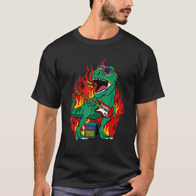 Camiseta Tyrannosaurus Rex Dinosaur Playing Rock Guitar T R (Frente)