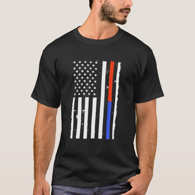 Camiseta U.A., bandeira americana Bombeiro Thin Red Blue Li (Frente)
