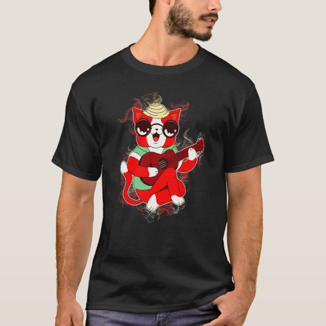 Camiseta Uculele Instrumento Musical de Gato com Efeito de  (Frente)