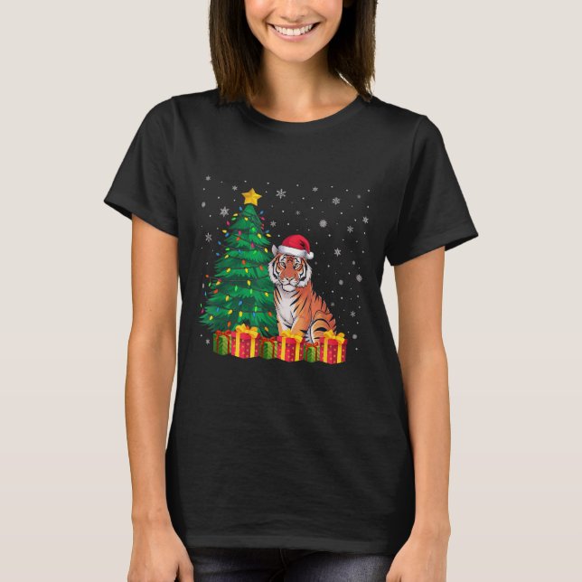 Camiseta Ugly Bengal Tiger Santa Hat Christmas Tree Lights  (Frente)