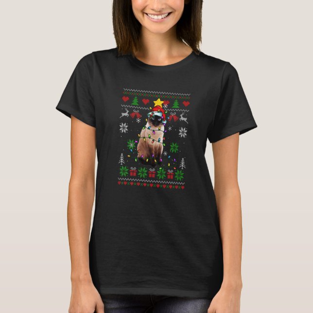 Camiseta Ugly Christmas Siamese Cat Lights Santa Hat (Frente)