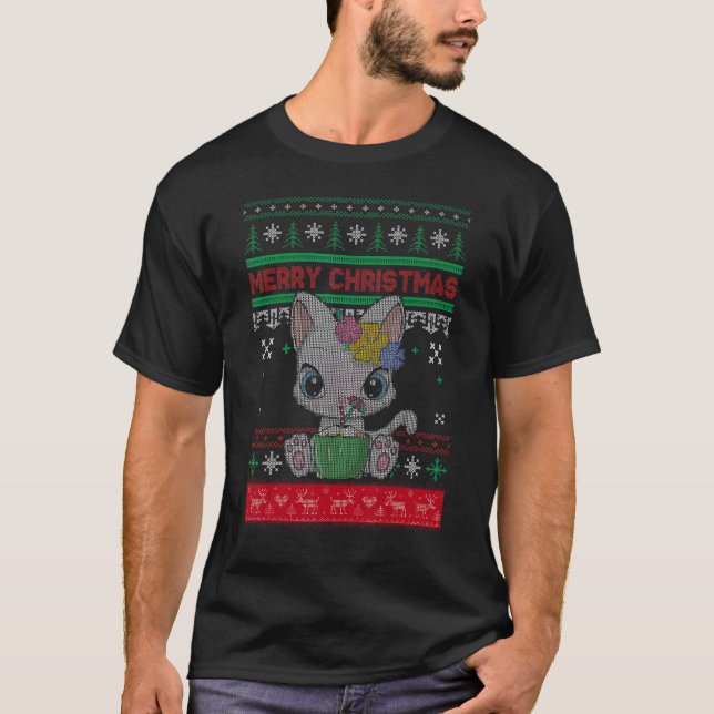 Camiseta Ugly Christmas Sweater Cat  Cute Cat Santa Hat (Frente)