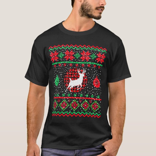 Camiseta Ugly Christmas Sweater Design Plaid Reindeer  (Frente)