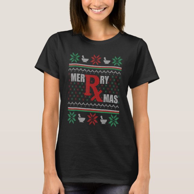 Camiseta Ugly Christmas Sweater Pharmacy Tech Merry Xmas Ph (Frente)