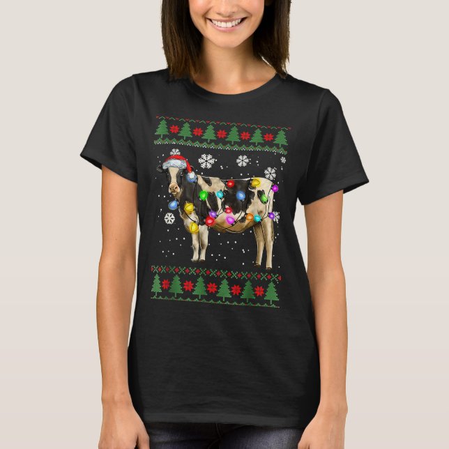 Camiseta Ugly Cow Christmas Sweater Santa Hat And Light Up  (Frente)