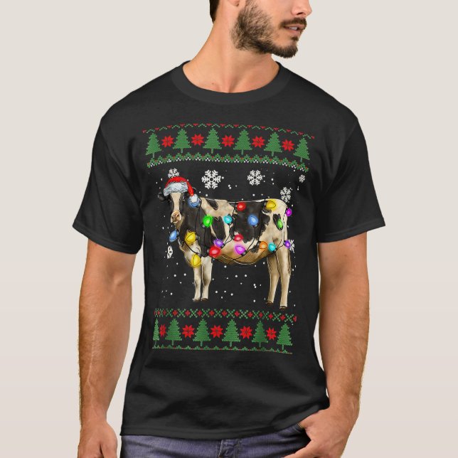 Camiseta Ugly Cow Christmas Sweater Santa Hat And Light Up  (Frente)