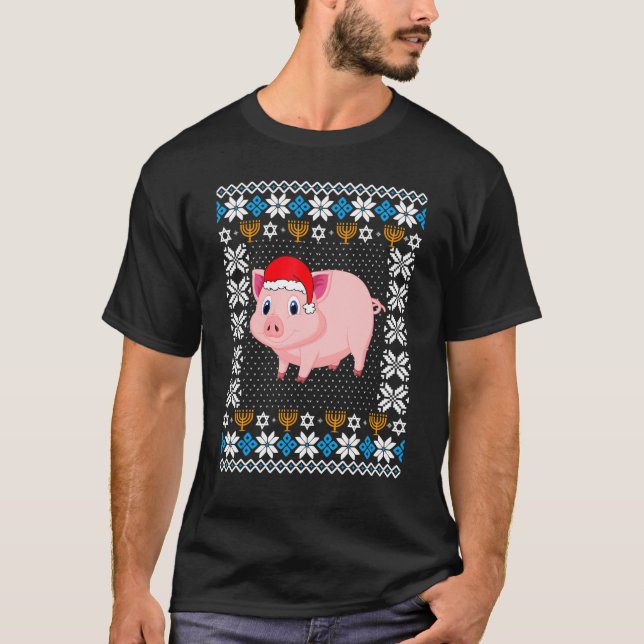 Camiseta UGLY Hanukkah Natal Pajama Pig Santa Hat (Frente)