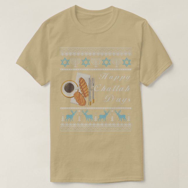Camiseta Ugly Hanukkah Sweater Menorah Happy Challah Dias C (Frente do Design)