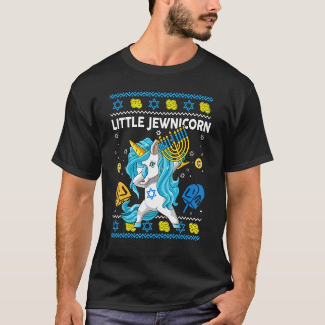 Camiseta Ugly Hanukkah Sweater Pequeno Jewnicorn Unicorn To (Frente)