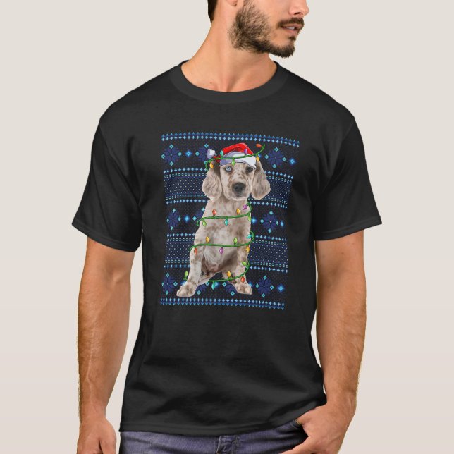 Camiseta Ugly Holiday Xmas Luzes Inglesas Setter Dog Cristo (Frente)